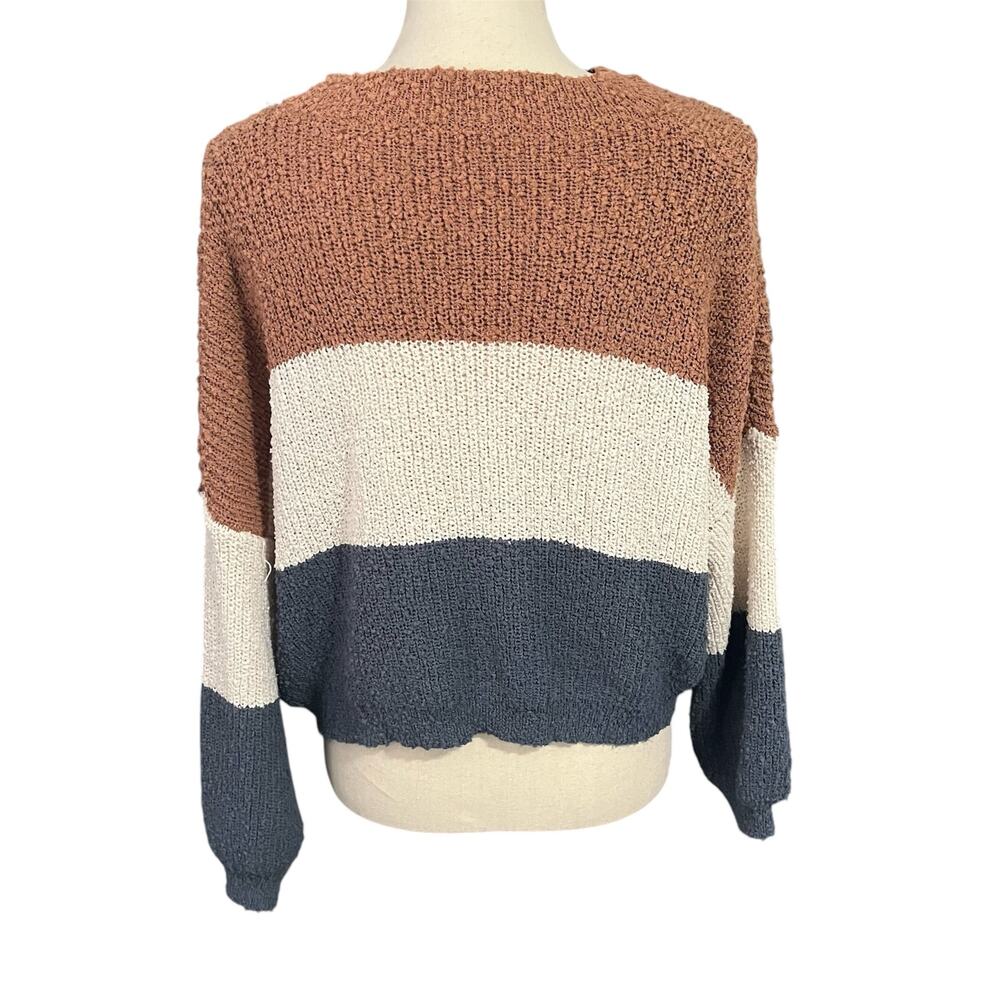 Debut NWOT Women's Brown Cream Blue Wide Stripe Cropped Sweater Sz M Cozy - Picture 3 of 4